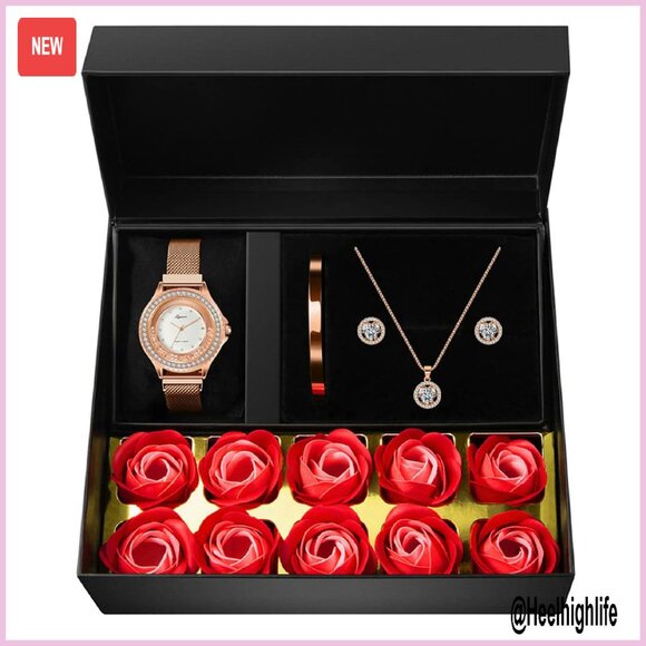 Rose Gold Watch Set with Necklace Earrings Bracelet Adjustable Magnetic Band